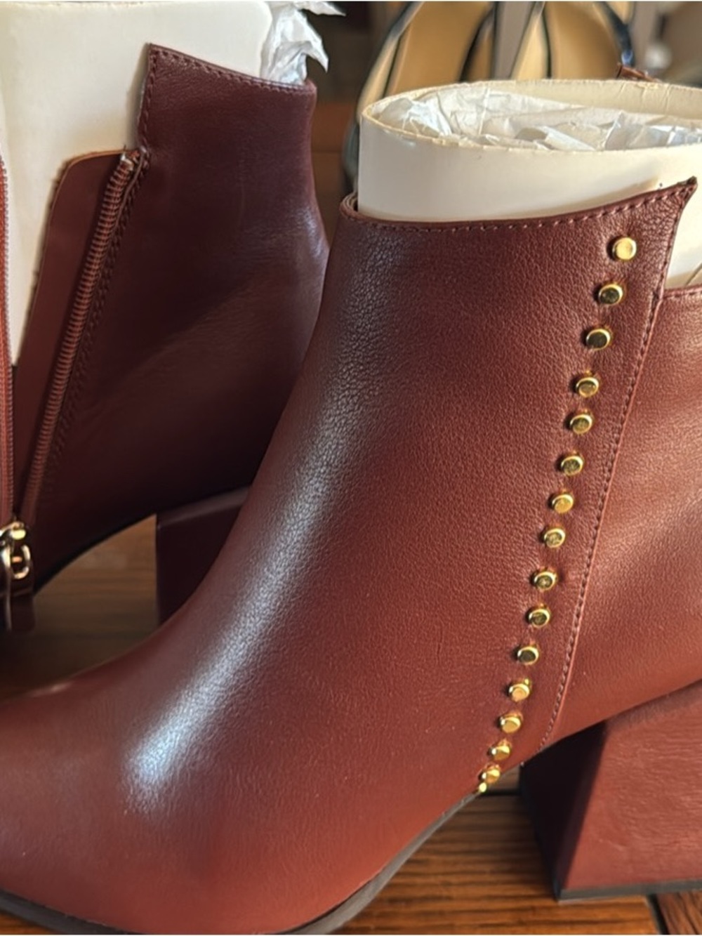 Women’s Chestnut Brown Ankle Boots with Gold Stud Detail